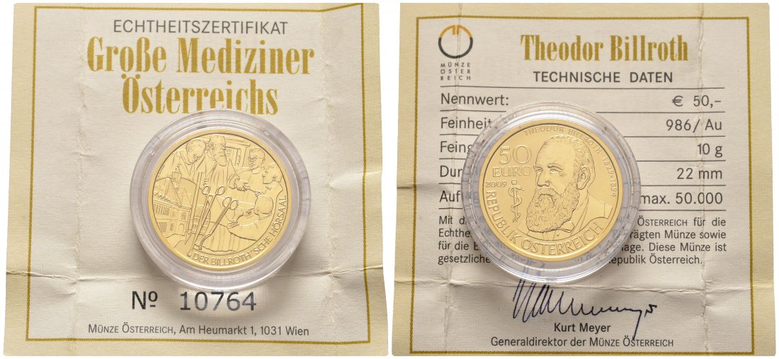 PEUS 8523 Österreich 10 g Feingold. Große Mediziner - Theodor Billroth incl. Zertifikat 50 Euro GOLD 2009 Proof (in Kapsel)