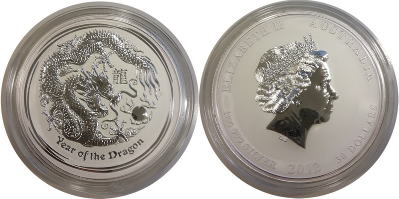  Australien  30 Dollar (Drache) 2012 FM-Frankfurt  Feingewicht: 1 kg Silber  stempelglanz   