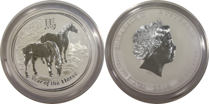  Australien  30 Dollar (Pferd) 2014 FM-Frankfurt  Feingewicht: 1 kg Silber  stempelglanz   
