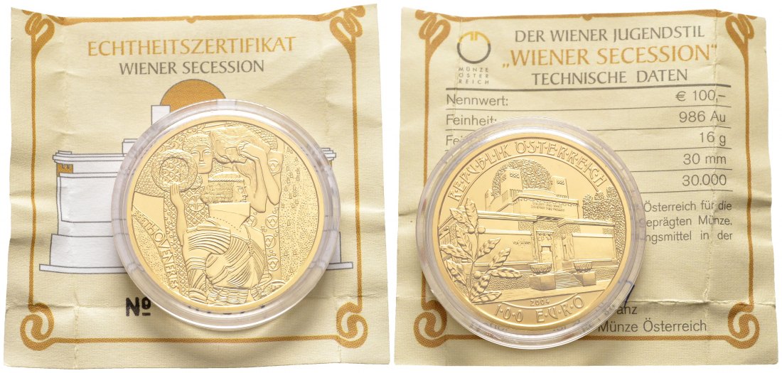 PEUS 8502 Österreich 16 g Feingold. Wiener Jugenstil - Wiener Secession incl. Zertifikat 100 Euro GOLD 2004 Polierte Platte (Kapsel)