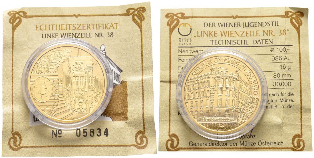 PEUS 8503 Österreich 16 g Feingold. Wiener Jugenstil - Li. Wienzeile Nr. 38 incl. Zertifikat 100 Euro GOLD 2007 Polierte Platte (Kapsel)