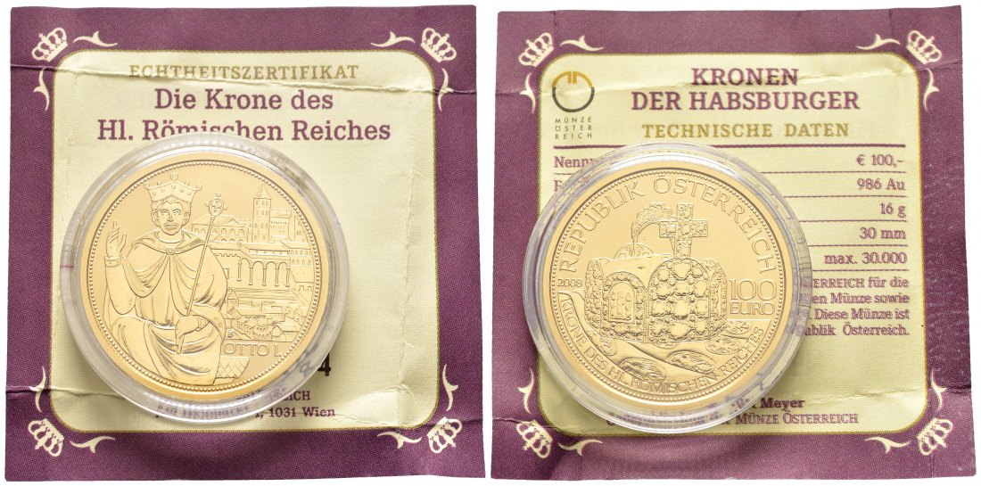 PEUS 8505 Österreich 16 g Feingold. Kronen - Krone hl. römisches Reich incl. Zertifikat 100 Euro GOLD 2008 Polierte Platte (Kapsel)