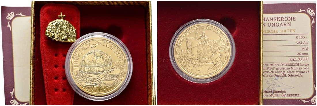 PEUS 8509 Österreich 16 g Feingold. Kronen - Stephanskrone Anstecknadel, Zertifikat + Verpackung 100 Euro GOLD 2010 Polierte Platte (Kapsel)