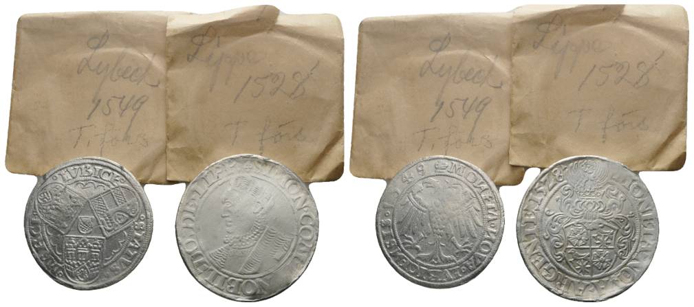  2 alte Zinnabgüsse: Lipper Taler/ Lübecker Mark für Museumszwecke (Fälschungen); ca.18-19g   