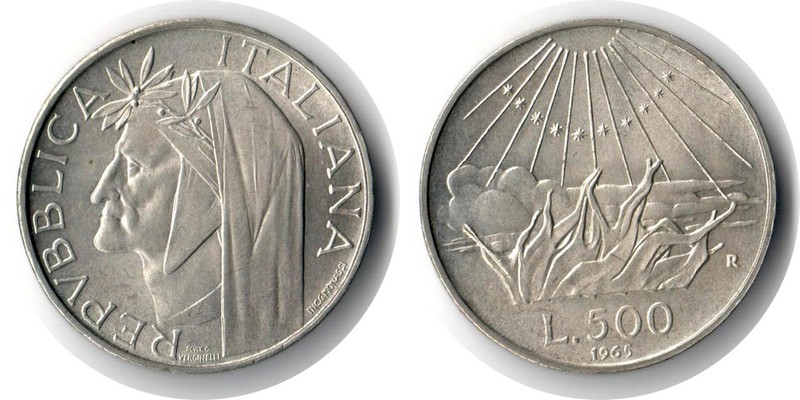  Italien 500 Lire 1965  FM-Frankfurt  Feingewicht: 9,18g Silber sehr schön   