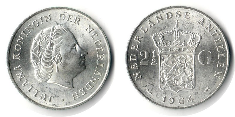  Niederlande  2 1/2  Gulden   1964  FM-Frankfurt  Feingewicht: 10,8g Silber  vorzüglich   