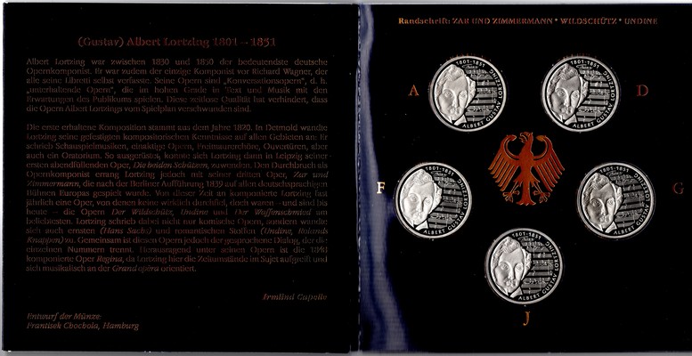  BRD  5 x 10 DM  2001 ((Gustav) Albert Lortzing) FM-Frankfurt  Feingewicht: 71,65g Silber pp   