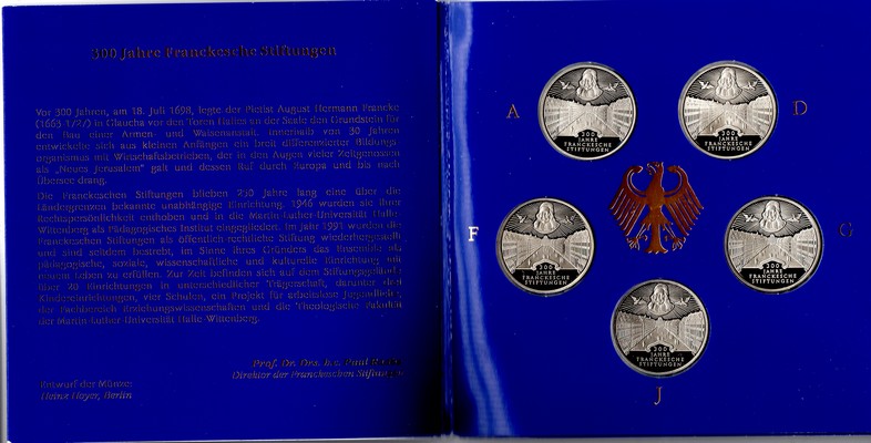  BRD  5 x 10 DM  1998 (Franckesche Stiftung) FM-Frankfurt  Feingewicht: 71,65g Silber pp   