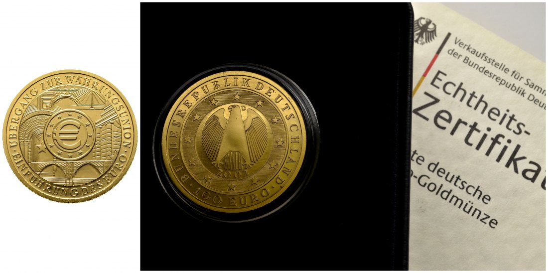 PEUS 8537 BRD 15,55 g Feingold. Währungsunion mit Etui und Zertifikat 100 Euro GOLD 2002 D München Stempelglanz