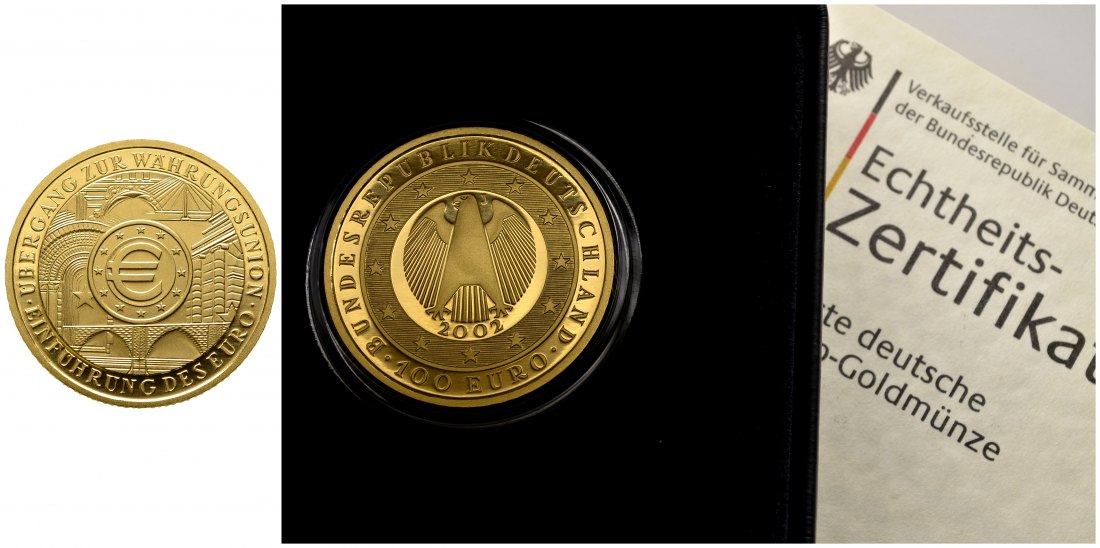 PEUS 8540 BRD 15,55 g Feingold. Währungsunion incl. Etui und Zertifikat 100 Euro GOLD 1/2 Unze 2002 J Hamburg Stempelglanz