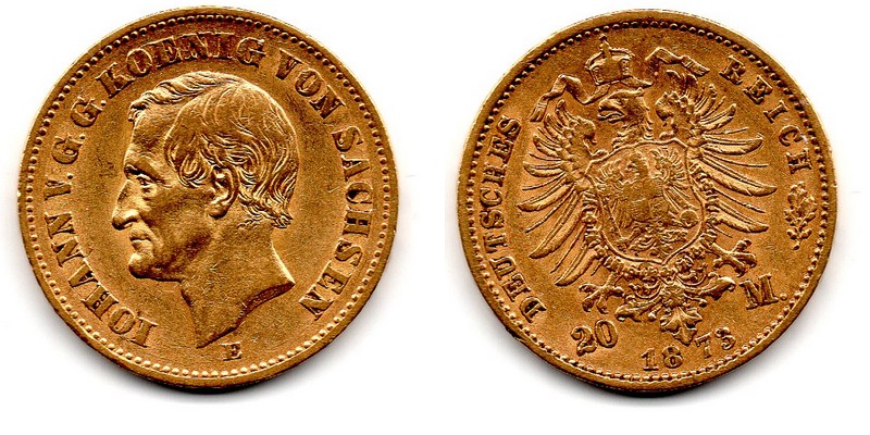 Sachsen, Königreich MM-Frankfurt Feingewicht: 7,17g Gold 20 Mark 1873 E sehr schön