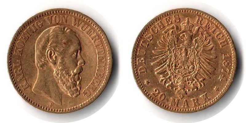 Württemberg, Königreich MM-Frankfurt Feingewicht: 7,17g Gold 20 Mark 1874 F sehr schön
