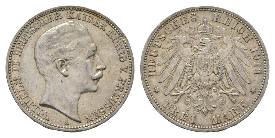  Preußen, 3 Mark 1911; Rand bearbeitet   