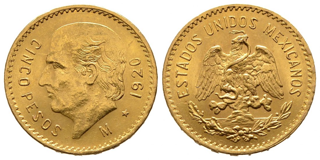 PEUS 8546 Mexiko 3,75 g Feingold. Miguel Hidalgo y Costilla 5 Pesos GOLD 1920 M Fast Stempelglanz