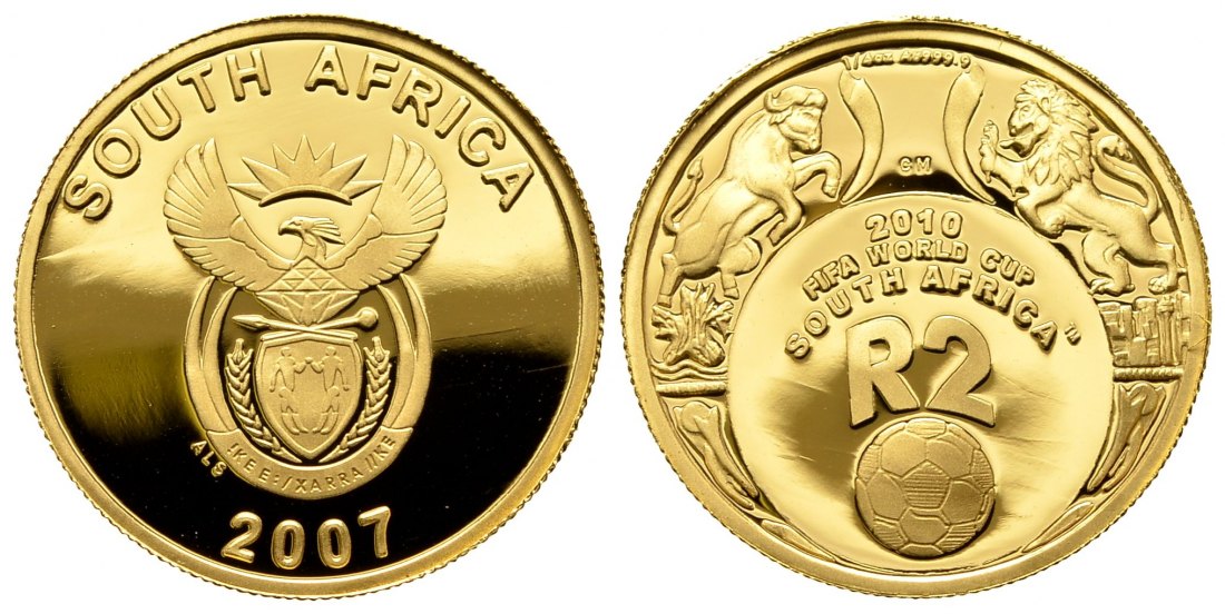 PEUS 8548 Südafrika 7,78 g Feingold. FIFA WM 2010 - Staatswappen 2 Rand GOLD 1/4 Unze 2007 Proof (Kapsel)