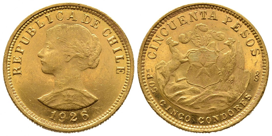PEUS 8551 Chile 9,15 g Feingold 50 Pesos GOLD 1926 Sehr schön +