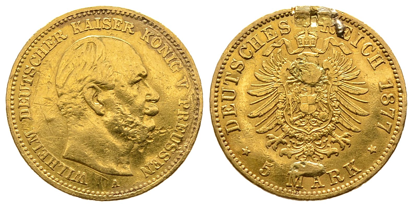 PEUS 8552 Kaiserreich - Preußen 1,79 g Feingold. Kaiser Wilhelm I. (1861 - 1888) 5 Mark Gold 1877 A Broschierspuren, fast sehr schön