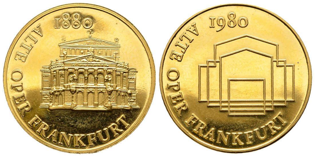 PEUS 8553 BRD, Frankfurt 25 mm / 2 g Feingold. 100 Jahre Alte Oper Frankfurt am Main Goldmedaille 1980 Vorzüglich