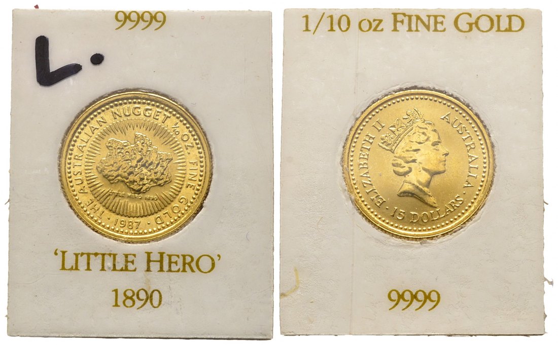 PEUS 8555 Australien 3,11 g Feingold. Nugget - Little Hero 15 Dollars GOLD 1/10 Unze 1987 Uncirculated (in Originalverpackung)