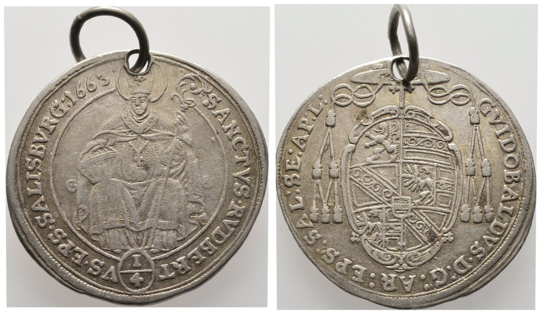 PEUS 8564 Habsburg, Salzburg Guidobald von Thun und Hohenstein (1654-1668) 1/4 Reichstaler 1663 Gehenkelt, Sehr schön