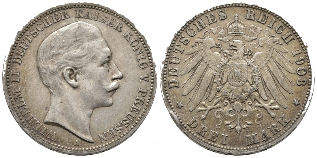 PEUS 8565 Kaiserreich - Preußen Kaiser Wilhelm II.(1888 - 1918) 3 Mark 1908 A Randfehler, Sehr schön