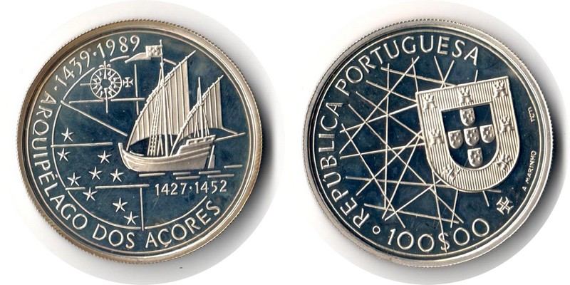  Portugal  100 Escudos  1989  FM-Frankfurt  Feingewicht: 19,43g Silber  vorzüglich aus PP   