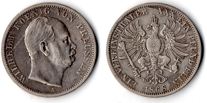  Preussen  Vereinstaler 1868 A FM-Frankfurt Feingewicht: 16,65g Silber sehr schön   