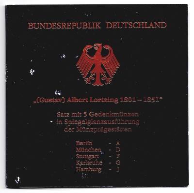  BRD  5 x 10 DM  2001 ((Gustav) Albert Lortzing) FM-Frankfurt  Feingewicht: 71,65g Silber pp   