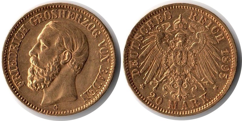Baden, Großherzogtum MM-Frankfurt Feingewicht: 7,17g Gold 20 Mark 1895 G sehr schön
