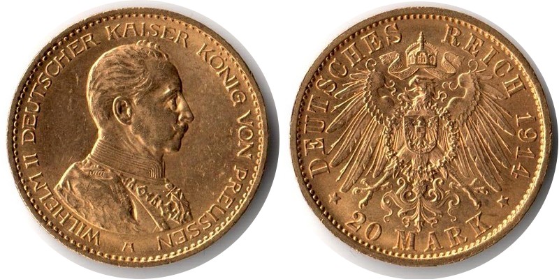 Preussen, Königreich MM-Frankfurt Feingewicht: 7,17g Gold 20 Mark 1914 A sehr schön