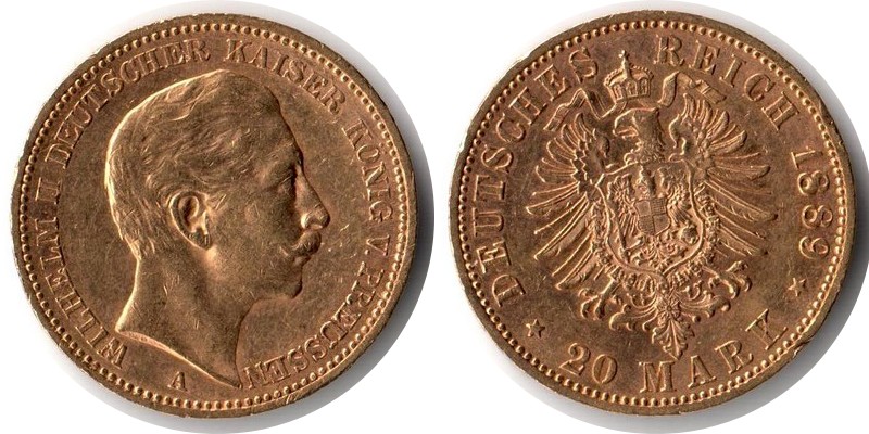 Preussen, Königreich MM-Frankfurt Feingewicht: 7,17g Gold 20 Mark 1889 A sehr schön