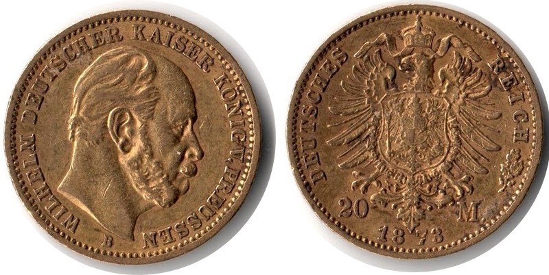 Preussen, Kaiserreich MM-Frankfurt Feingewicht: 7,17g Gold 20 Mark 1873 B sehr schön