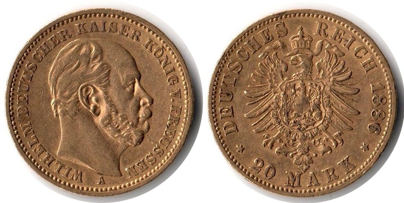 Preussen, Königreich MM-Frankfurt Feingewicht: 7,17g Gold 20 Mark 1886 A sehr schön