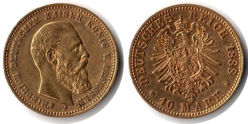 Preussen, Kaiserreich MM-Frankfurt Feingewicht:3,58g Gold 10 Mark 1888 A sehr schön