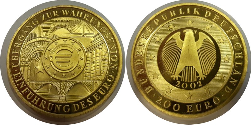 BRD MM-Frankfurt  Feingewicht: 31,1g Gold 200 EUR (Einführung EURO) 2002 F stg