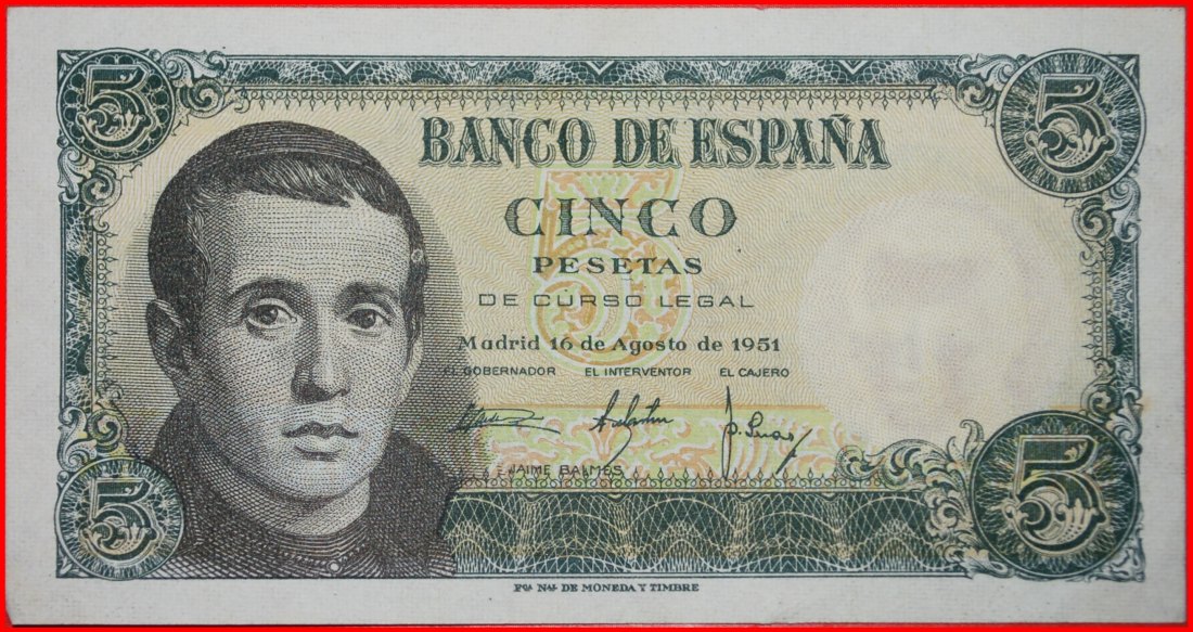  √ BALMES (1810-1848): SPAIN ★ 5 PESETAS 1951 CRISP! Franco (1936-1975)   