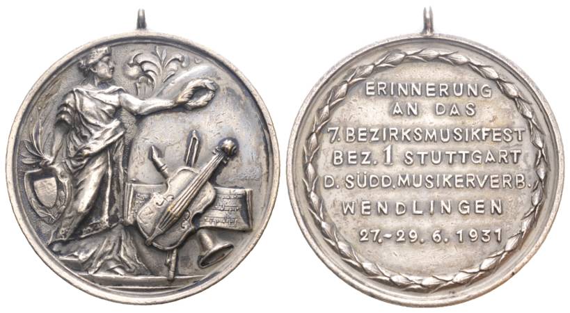  Musikfest in Wendlingen 1931; tagbare, versilbert Medaille; 42,92 g; Ø 47 mm   