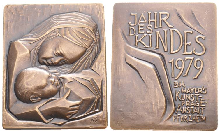  Pforzheim - Plakette (Kupfer), Jahr des Kindes 1979; 85,11 g, H61xB50 mm   
