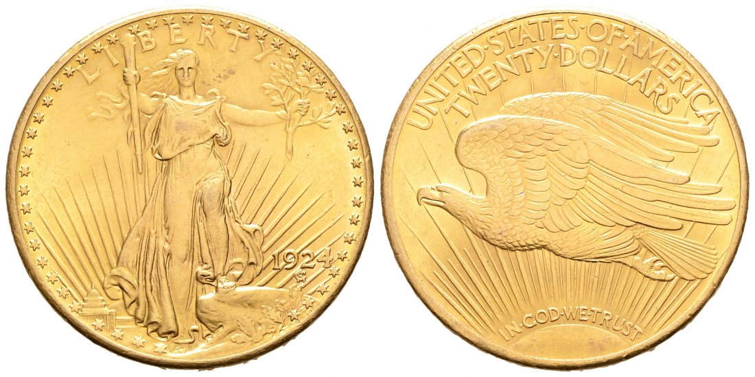 PEUS 8658 USA 30,1 g Feingold 20 Dollars GOLD 1924 Kl. Kratzer, Fast Vorzüglich