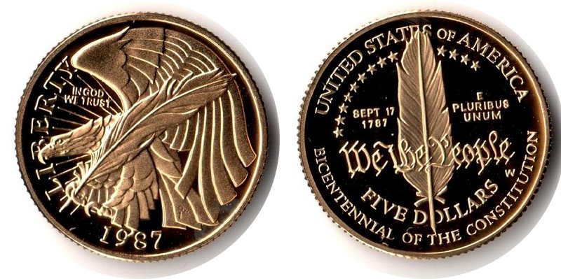 USA MM-Frankfurt  Feingewicht: 7,52g Gold 5 Dollars 1987 Constitution Bicentennial PP