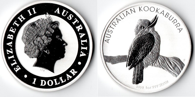  Australien  1 Dollar (Kookaburra) 2010  FM-Frankfurt  Feingewicht: 31,1g Silber  stempelglanz   