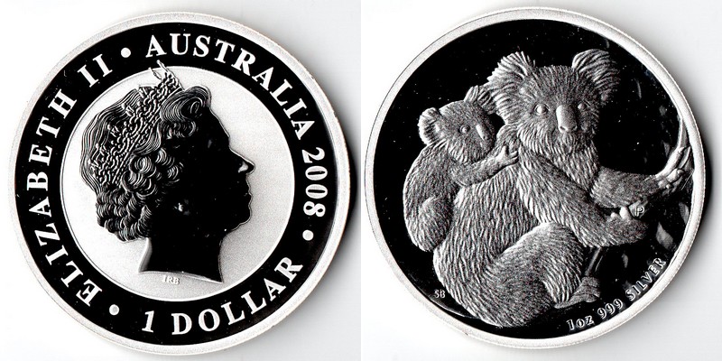  Australien  1 Dollar (Koala) 2008  FM-Frankfurt Feingewicht: 31,1g Silber  stempelglanz   