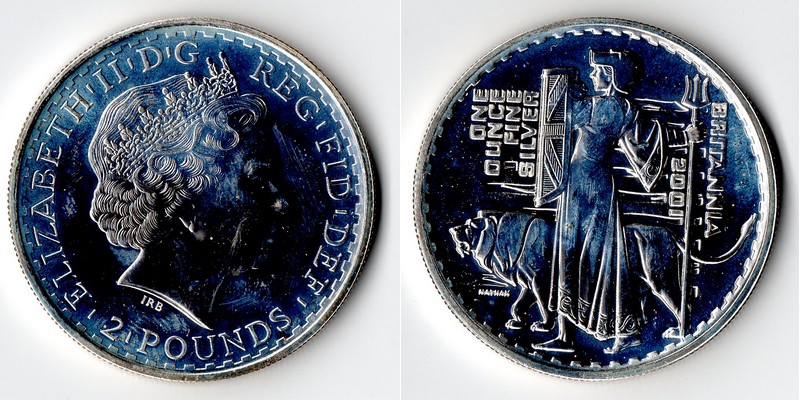  Großbritannien  2 Pounds (Britannia) 2001  FM-Frankfurt  Feingewicht: 31,1g  Silber  st(angelaufen)   