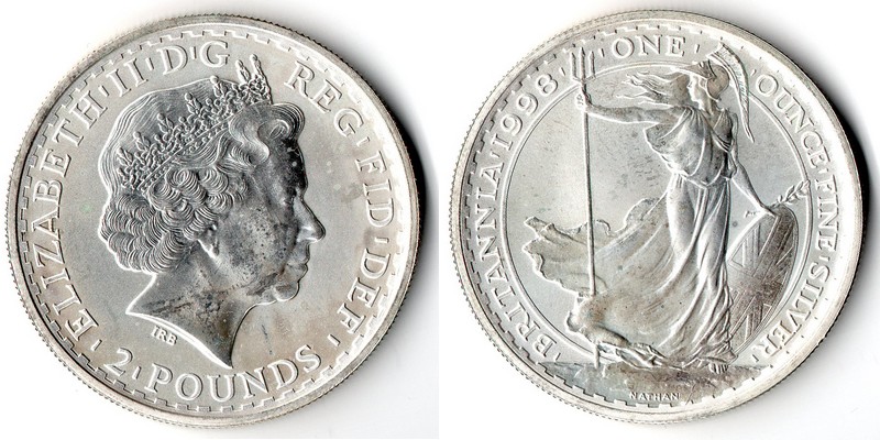  Großbritannien  2 Pounds (Britannia) 1998  FM-Frankfurt  Feingewicht: 31,1g  Silber  st (angelaufen)   
