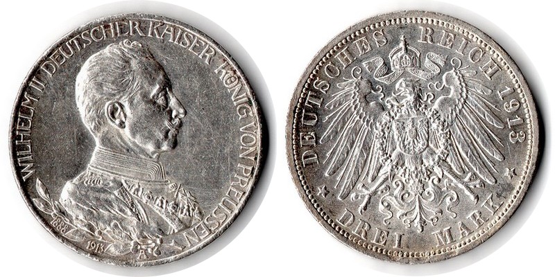  Preussen, Kaiserreich  3 Mark  1913 A  FM-Frankfurt Feingewicht: 15g Silber sehr schön   