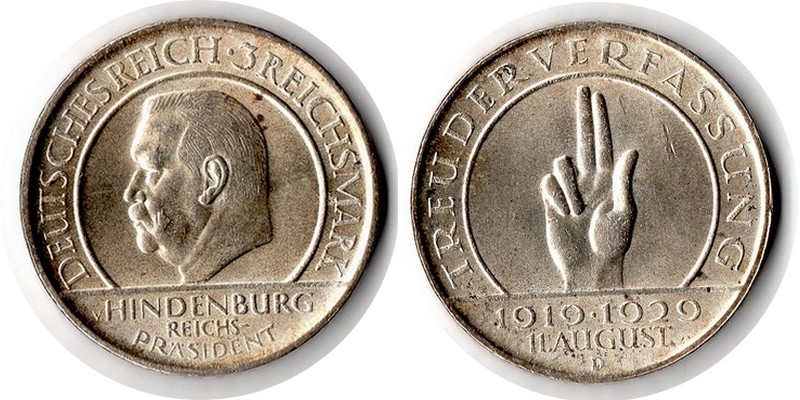  Deutschland, Weimarer Republik 3 Reichsmark  1929 D FM-Frankfurt Gewicht: 7,5g Silber sehr schön   