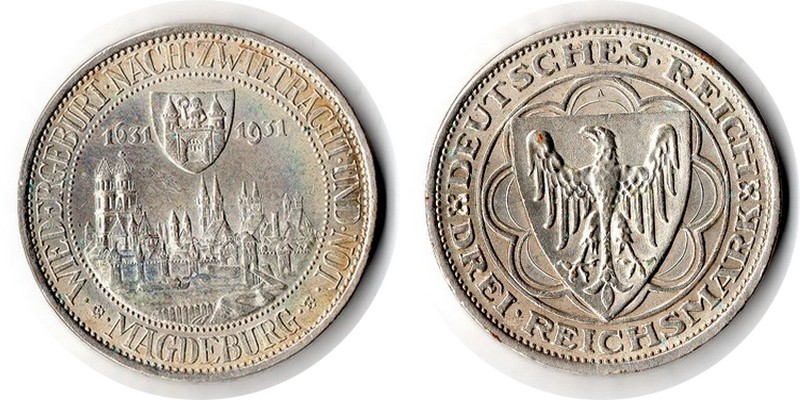  Deutschland, Weimarer Republik 3 Reichsmark  1931 A FM-Frankfurt Gewicht: 7,5g Silber sehr schön   