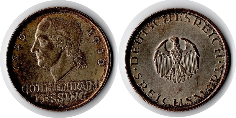  Deutschland, Weimarer Rep.  5 Reichsmark  1929 A FM-Frankfurt  Feingewicht: 12,5g Silber ss   