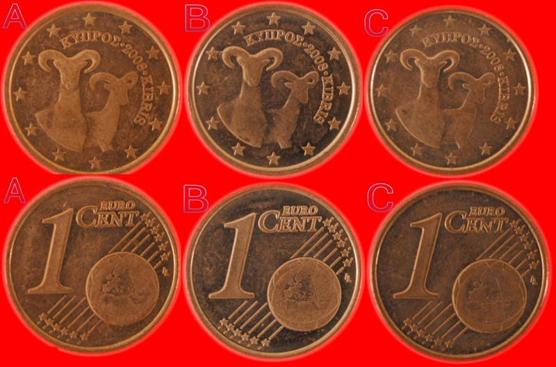  * THREE VARIETIES ★ CYPRUS 1 CENT 2008 DIES A, B and C! UNCOMMON! LOW START ★ NO RESERVE!   
