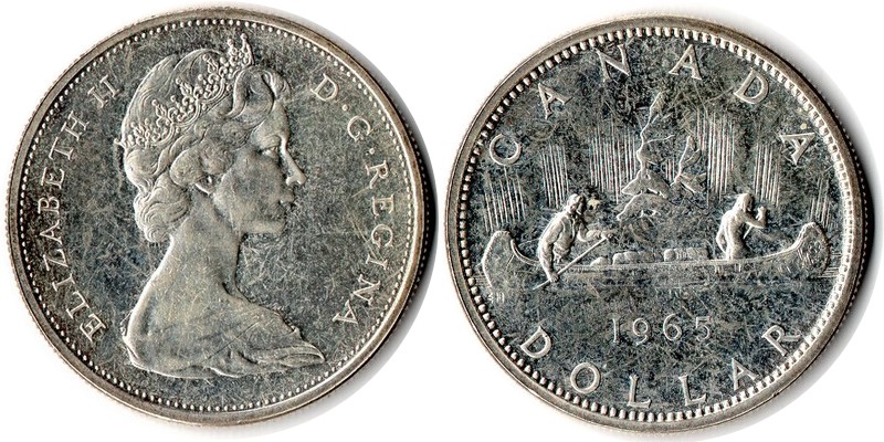  Kanada  1 Dollar  1965 FM-Frankfurt Feingewicht: 18,66g Silber sehr schön   